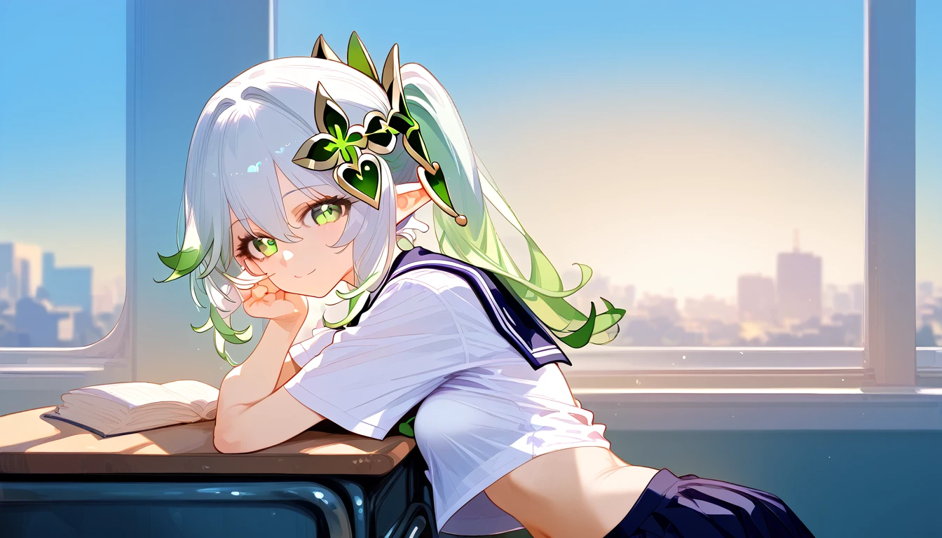 score_9,score_8_up,score_7_up,
1girl,solo,nahida,genshin impact,closed mouth,,at school,(school uniform:1.2),,looking at viewer, smile, windows, sunset, at desk