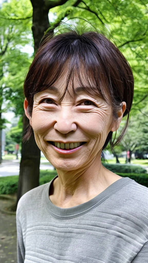 Height 2m50cm, whole body, Japanese woman, buck teeth, narrow eyes, big nose, 55 years old, dirty, park with trees,