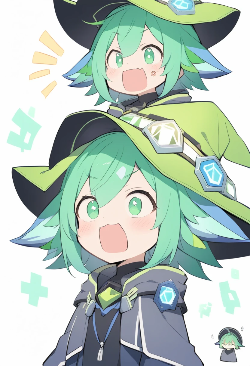 One girl,Zundamon,Voice Box ,Green Hair,、Funny Face,Simple white background、No text,Wizard&#39;s Clothes