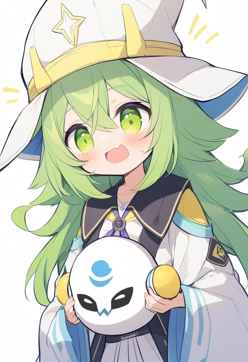 One girl,Zundamon,Voice Box ,Green Hair,、Funny Face,Simple white background、No text,Wizard's Clothes