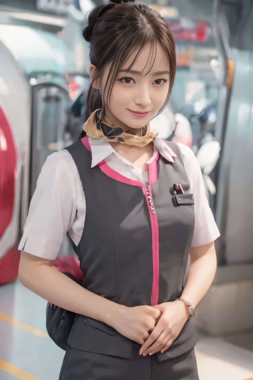 (masterpiece:1.2, Highest quality:1.2), 32k HDR, High resolution, (alone、1 Girl)、(At the station platform、Professional Lighting)、Empty train station platform background、(Realistic style of JR Gran Class crew uniform)、Short sleeve blouse、a scarf around the neck、(JR Gran Class flight attendant uniform with pink parts on the skirt sleeves)、(The uniform of a flight attendant in JR Gran Class has a pink line on the front zipper of the vest.)、Dark brown hair、(Long hair that goes up to the chest、Let your hair down)、Dark brown hair、Long Shot、Big Breasts、((Great hands:2.0)),((Harmonious body proportions:1.5)),((Normal limbs:2.0)),((Normal finger:2.0)),((Delicate eyes:2.0)),((Normal eyes:2.0)))、Big Breasts、Luxury Necklace、smile、Beautiful standing posture,Place your hands around your stomach