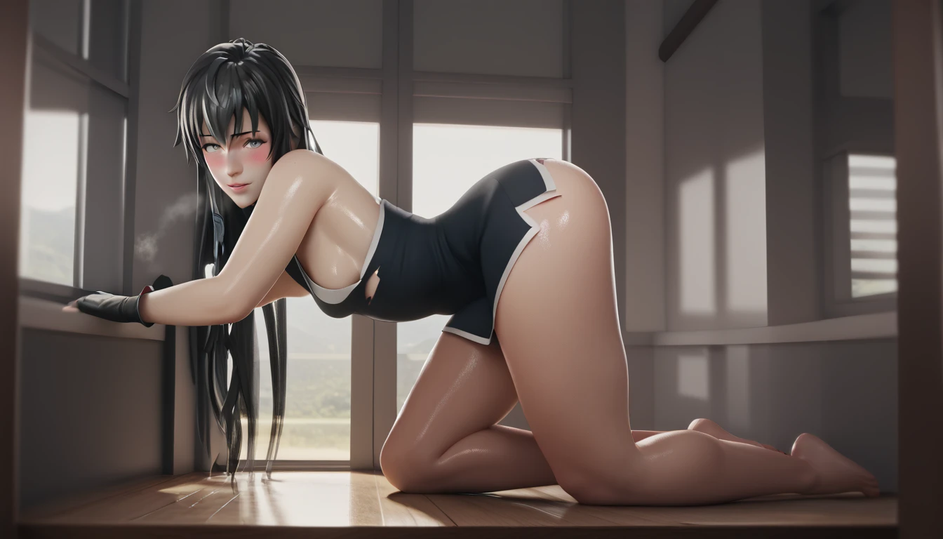 score_9, score_8_up, score_7_up, score_6_up, score_5_up, score_4_up, uncensored, yukinoshita yukino, absurdly long hair, grey eyes, black hair, very long hair, horny face, blush face, lips, naughty face, shiny skin, sweating, steaming body, heavy breathing, (small breasts:1.3), detailed body, detailed eyes,  BREAK (masterpiece:1.2), best quality, high resolution, unity 8k wallpaper, (illustration:0.8), (beautiful detailed eyes:1.6), extremely detailed face, perfect lighting, extremely detailed CG, (perfect hands, perfect anatomy), 1girl, fingerless_gloves, gloves, torn_clothes, dress, large_breasts, flower, bare_shoulders, looking_at_viewer, thighs, black_gloves, barefoot, torn_dress, feet, solo, ass, black_dress, sliding door, indoors, 