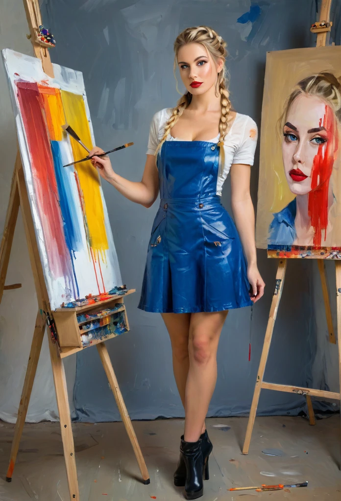 A  cyborg woman, standing full-length, with a beautiful face, expressive eyes, red lips, and blonde hair in a French braid. She is in an art studio, painting a self-portrait on an easel, using oil paints and paintbrushes. The natural lighting creates a vibrant, realistic rendering with detailed brushstrokes. The confident pose and fashionable outfit give the portrait a captivating, alluring atmosphere. The composition is perfect, and the technique is exquisite, showcasing the artist's masterful skills and unique style. The final image is a high-resolution, 4K masterpiece with flawless details and a harmonious color palette.