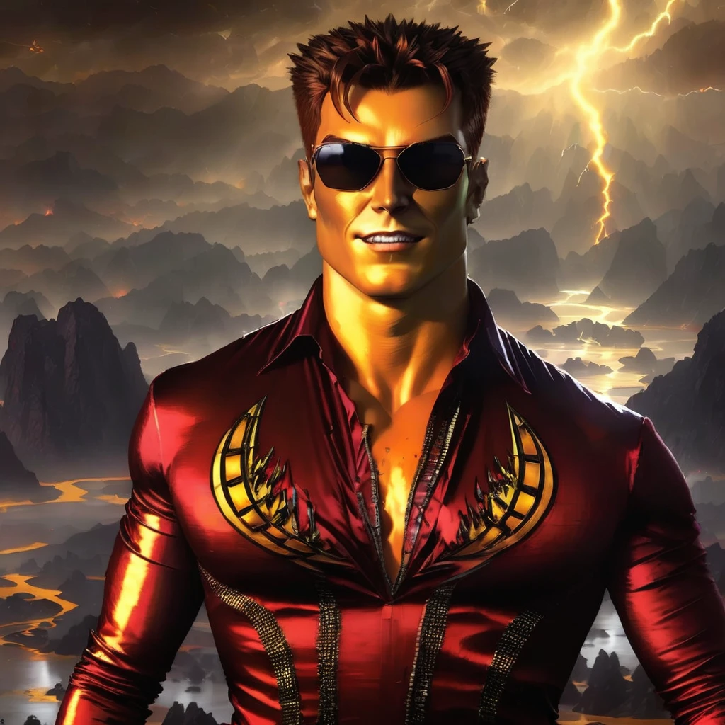 (masterpiece, best quality:1.2), 1man, solo, portrait, smile, high detailed, perfect art, smooth soft skin, soft lightning, centered, face, looking at you, upper body, wearing sunglasses