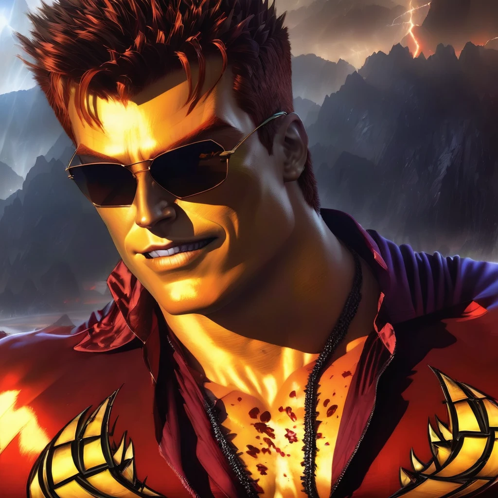 (masterpiece, best quality:1.2), 1man, solo, portrait, smile, high detailed, perfect art, smooth soft skin, soft lightning, centered, face, looking at you, upper body, wearing sunglasses