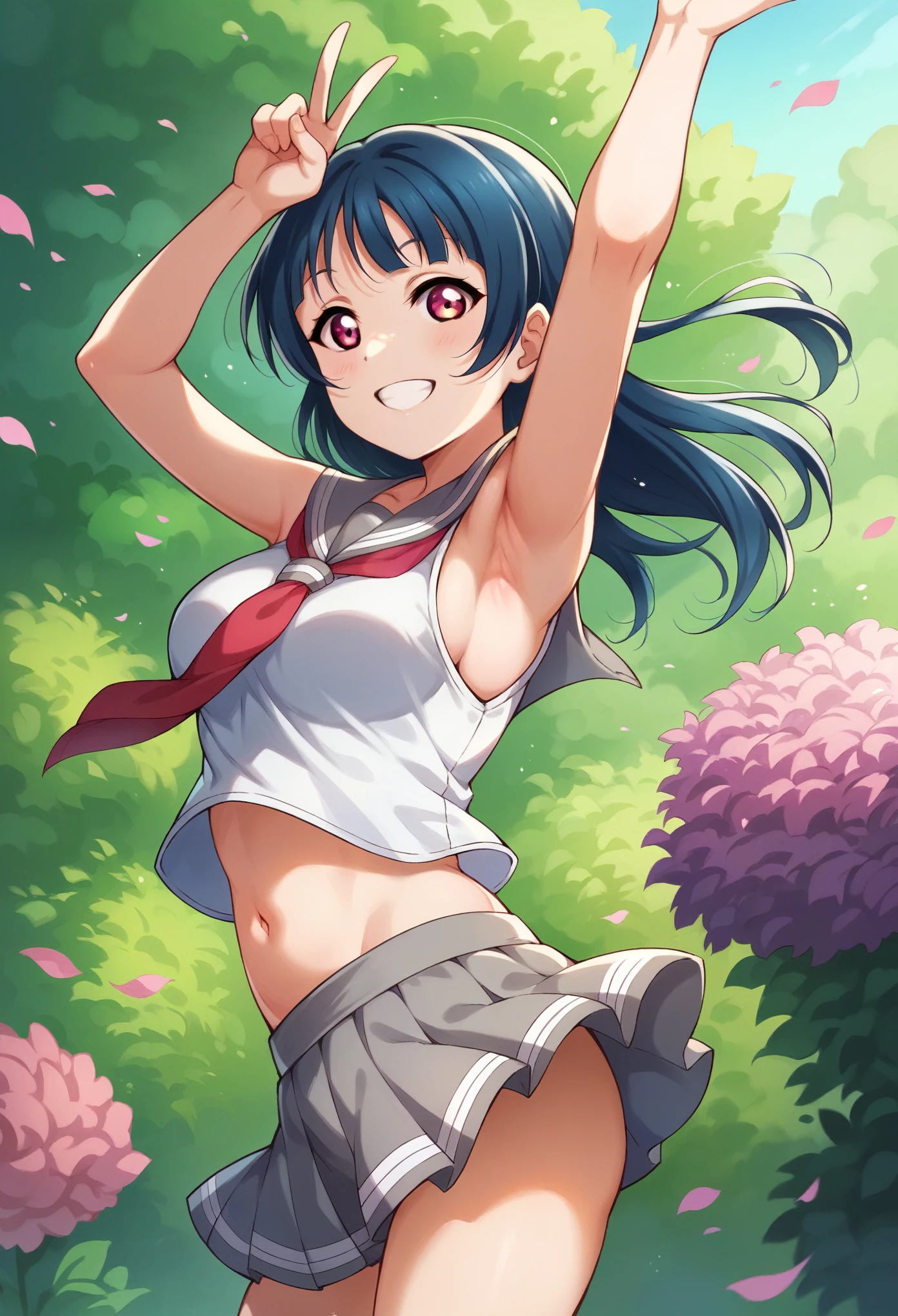 Yoshiko Tsushima love live,serafuku, gray mini skirt, slightly from side, v, armpits,wind  ,navel, breasts, smile , standing, sleeveless , looking at viewer,garden