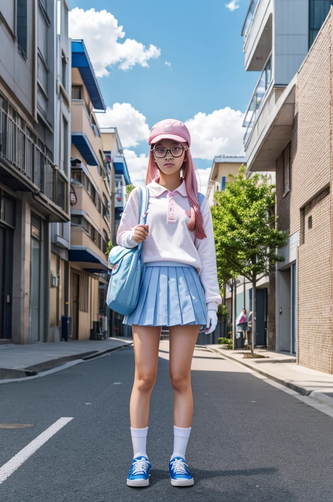 Japanese high school girl, standing on the sidewalk, posing with two fingers in both hands, distant view, pink hair, pink eyes, long hairstyle, wearing a white mask, wearing a blue cap, wearing glasses with transparent lenses.  , blue rims, raw footage, 4k resolution, white gloves, holding dual toy gun,  backpack, long blue skirt down to the knee, white socks up to the knee, blue-white sneakers, street and city background, morning, bright blue sky, bright white clouds in random position.