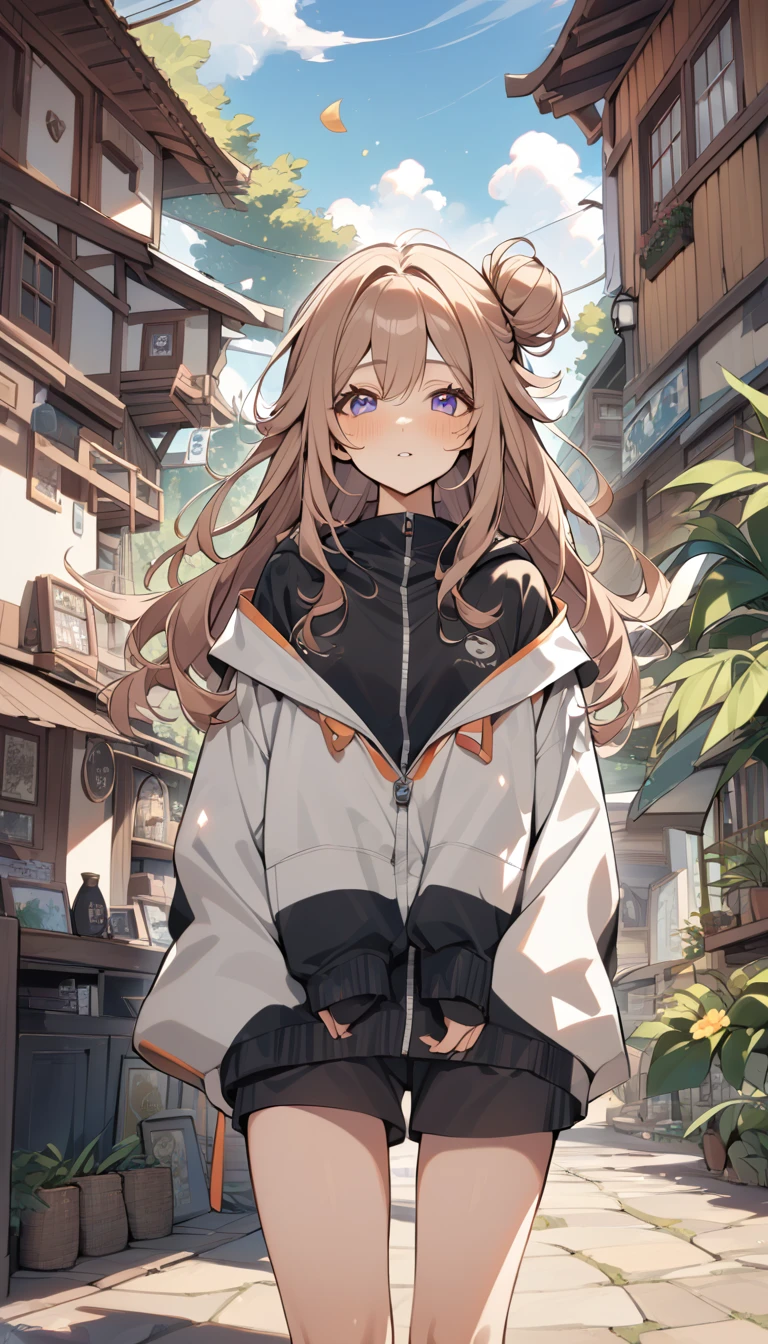 Anime girl in a white jacket and black shorts standing in front of a ...