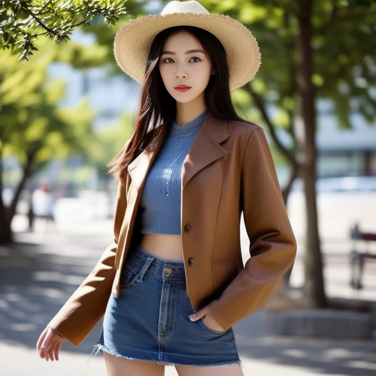 A woman in a jeans skirt and jacket walks down the street., Photo of a thin girl model, fashion model, korean women's fashion model, beautiful female model, sexy style, Wear a camisole and boots., Thin waist and thick hips, Photo of a thin girl, Wear simple, tight-fitting clothing., beautiful female model, Dilraba Dilmurat, cowgirl, Korean girl