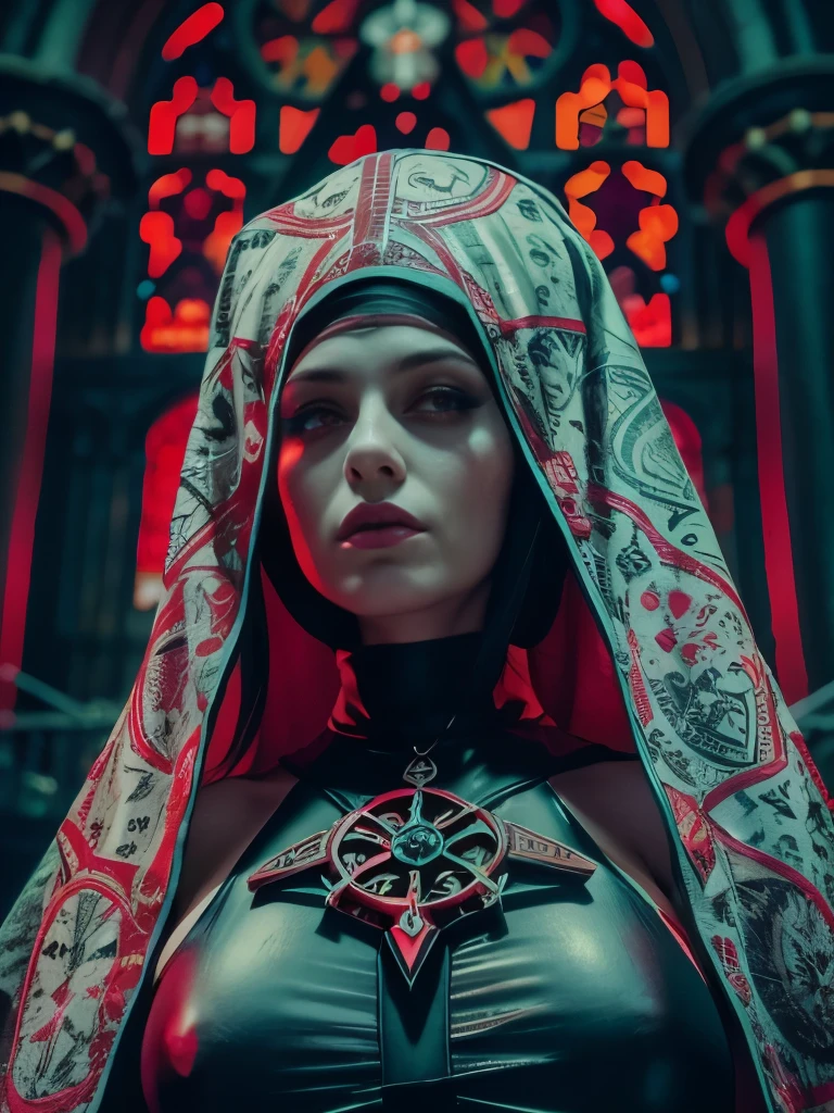 raw, analog) (gothic nun huge breast), set in the 1990's, surreal make up, leather clothes inside a gothic church at night, neon lights, very dark, horror, red shades, chaos, sinister, high details, ultra realistic, SonyA7III, cinematic lighting, film, grain, UHD faces, volumetric shadow, insanely detailed,