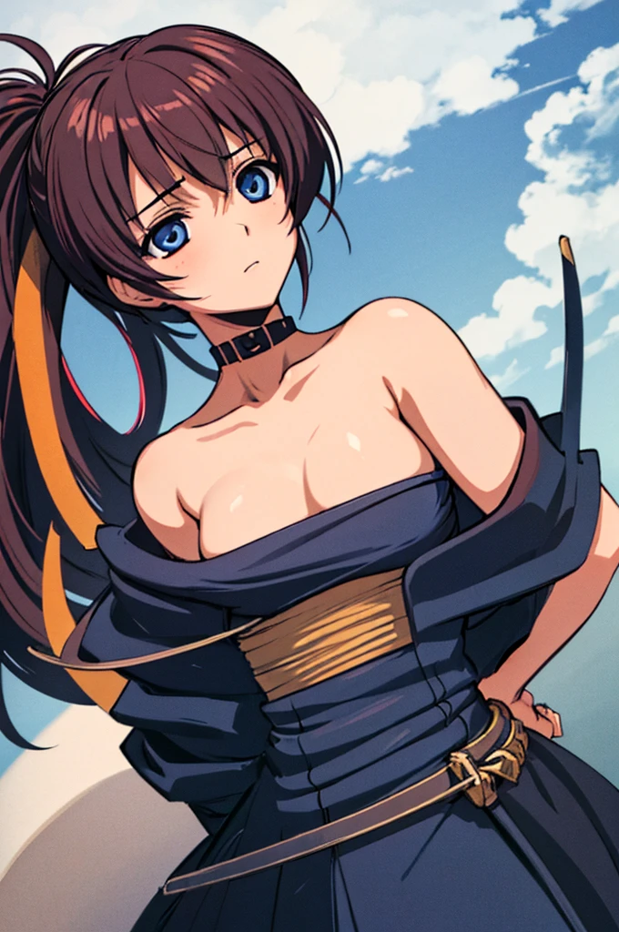 Highest quality, masterpiece, High resolution, alone, （Glaring Eyes），（Small breasts），first round，Mansuji，leotard，Completely naked，roar，((Dentitions)) ， (Japanese sword)，Iron Sword，thrust，Evening sky_background，Young Girl，Anime Style, Highest quality, 4K, masterpiece,， alone, 1,whole body，looking at the camera, Shinkai Makoto style, （dark blue_coat）Sharp Eyes，Low posture，（Full Finger）, （Accurate fingertips）, （The finer details）, （Anatomically correct）, (映画のbackground), Hyper Detail, (Subtle details), (Intricate details),