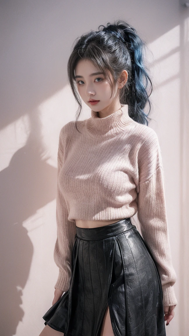 21yo girl,blue hair,ponytail hair,(wearing pink Midi Skirt Plisket),(Midi Skirt Plisket),(wearing sweater),(knit skirt), knit skirt,crawling pose, natural medium breast, plump body,single sidelock hairpin blush modern cinematic lighting,ray tracing,drop shadow wide shot UHD,textured skin,high details,best quality 4K