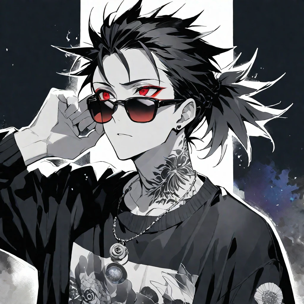 Solo,handsome, monochrome,watercolor,1 male, Ponytail, Braided black hair, red eyes, Gojo Satoru,Angel feather,ピアス,necklace
,casual,Blue Rose Tattoo,black Oversized court,Stylish,cool,Wear sunglasses around your neck,Void,look up,
blackbackground,İcon,Despise face up