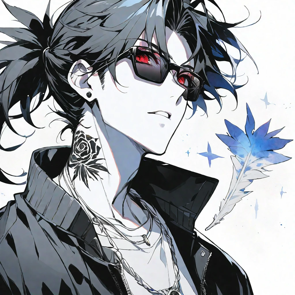 Solo,handsome, monochrome,watercolor,1 male, Ponytail, Braided black hair, red eyes, Gojo Satoru,Angel feather,ピアス,necklace
,casual,Blue Rose Tattoo,black Oversized court,Stylish,cool,Wear sunglasses around your neck,Void,look up,
blackbackground,İcon,Despise face up