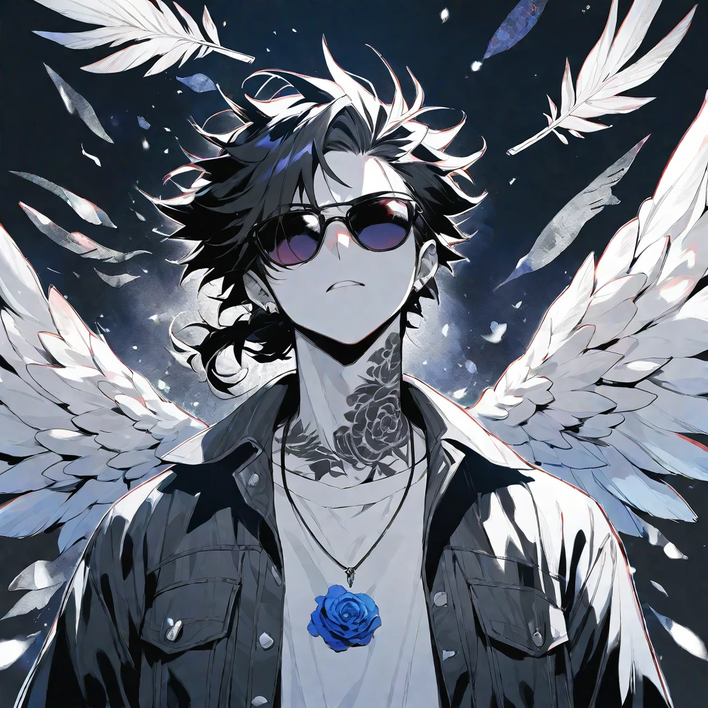 Solo,handsome, monochrome,watercolor,1 male, Ponytail, Braided black hair, red eyes, Gojo Satoru,Angel feather,ピアス,necklace
,casual,Blue Rose Tattoo,black Oversized court,Stylish,cool,Wear sunglasses around your neck,Void,look up,
blackbackground,İcon,Despise face up