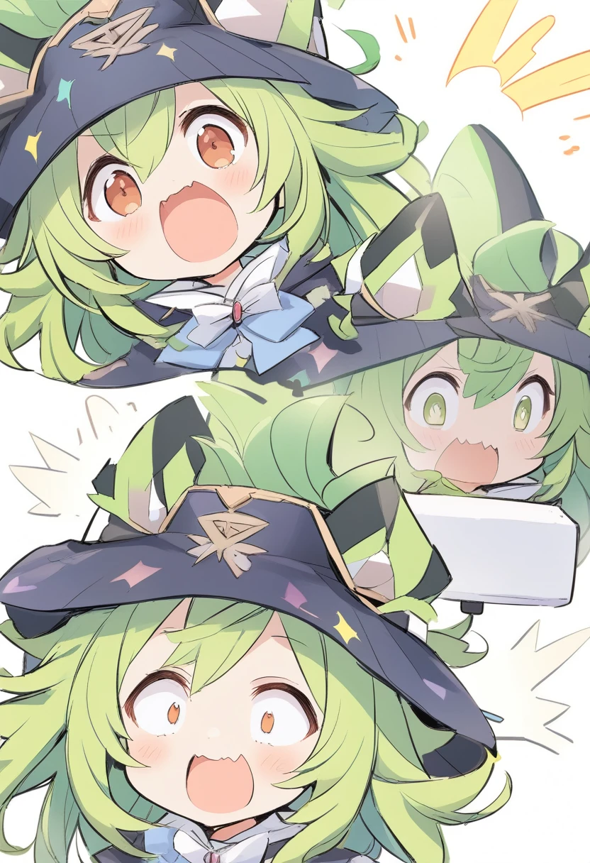 One girl,Zundamon,Voice Box ,Green Hair,、Wide open mouth、Surprised、Jaw detached、cute、Funny Face,Simple white background、No text,Wizard's Clothes