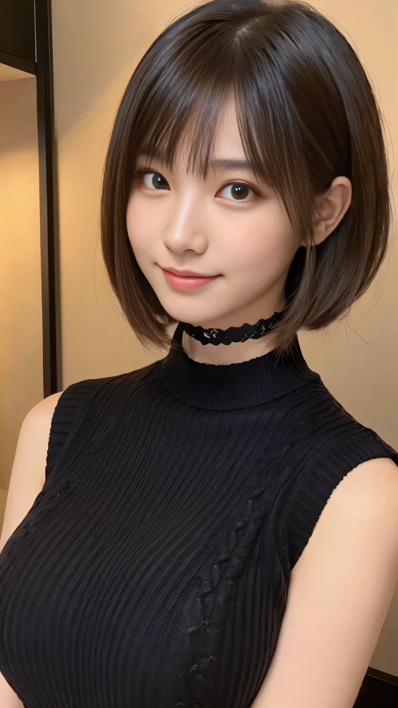 Japanese woman wearing a black sleeveless sweater、 (((masterpiece))), ((Highest quality)), ((Intricate details)), (((超Realistic)), irrational solution, Near and far, Very detailed, Realistic, Japanese girl, ((Big Breasts)), Perfect hands, finger details, Beautiful and detailed, short hair, Pretty face, Brown eyes,(Sleeveless sweater:1.2), Black knit dress, Detailed Background, choker, Perfect Eyes, Captivating eyes, Looking at the audience, From the side、smile