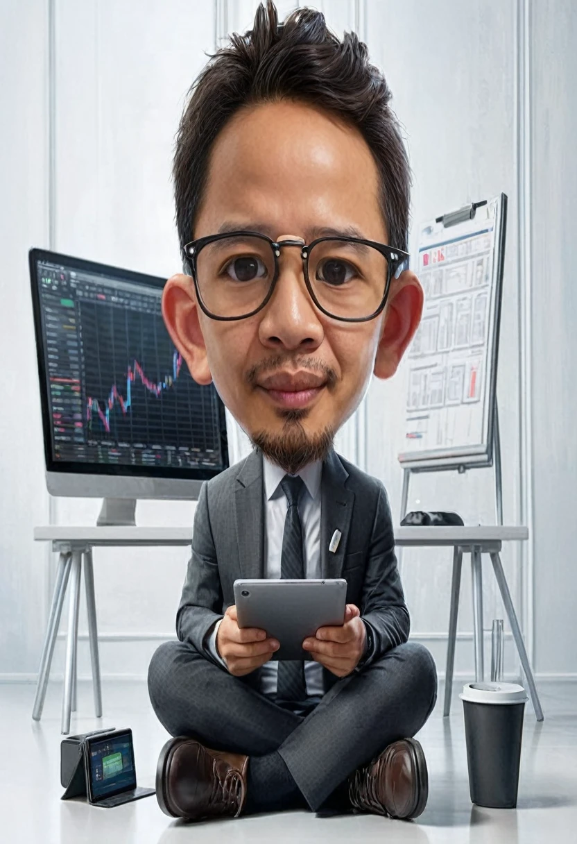 arafed man in suit and tie sitting on the floor with a tablet, caricature style, potrait, (((luke chueh))), digital artist, funny professional photo, caricature illustration, cartoon portrait, high quality portrait, portrait shot, medium portrait, nft portrait, inspired by Rudy Siswanto, cg artist, full protrait