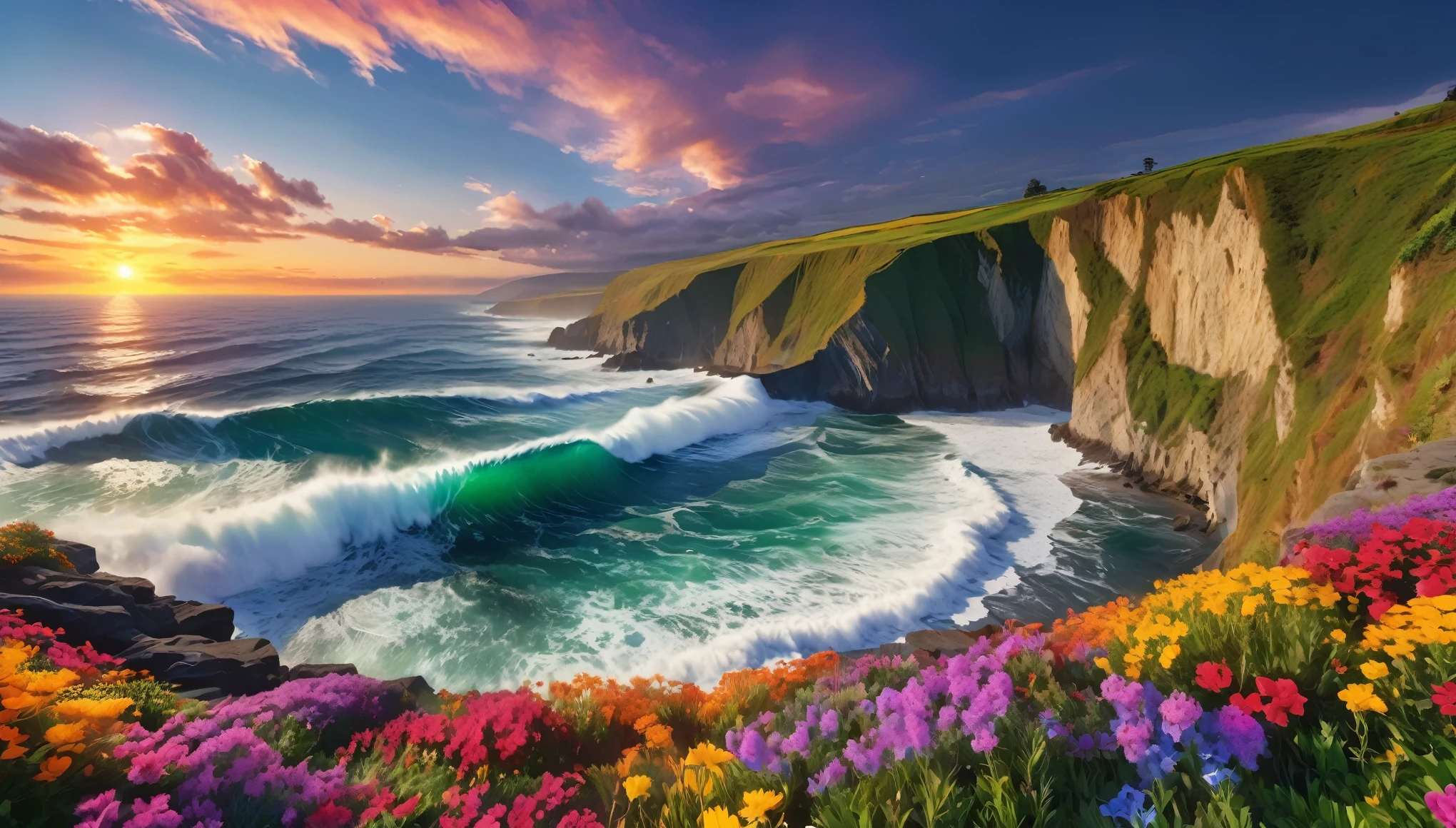 beautiful sunset seascape, big waves crashing against the cliff, colorful flowers blooming on the cliff (masterpiece, ultra quality, high resolution, 8k, intricate: 1.2), (masterpiece), (best quality:1)