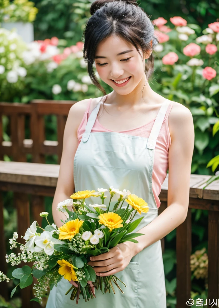 （Realistic, photo-Realistic:1.37),(8K, RAW Photos, Highest quality, masterpiece:1.2), cute, Ultra-detailed, 超High resolution, Kodak Vision Color, Filmed with an Arricam LT camera,Highest quality, Lively, 8K, High resolution, 1 girl, Escape, (Professional Lighting), (Portraiture:0.6), Black Hair, (Medium Hair）,22 years old、おFloristさん、Wear an apron、Make a bouquet、Florist、Surrounded by lots of flowers、smile、Bun Head、Upper Body、Flower Hair Ornaments、Watering the flowers、