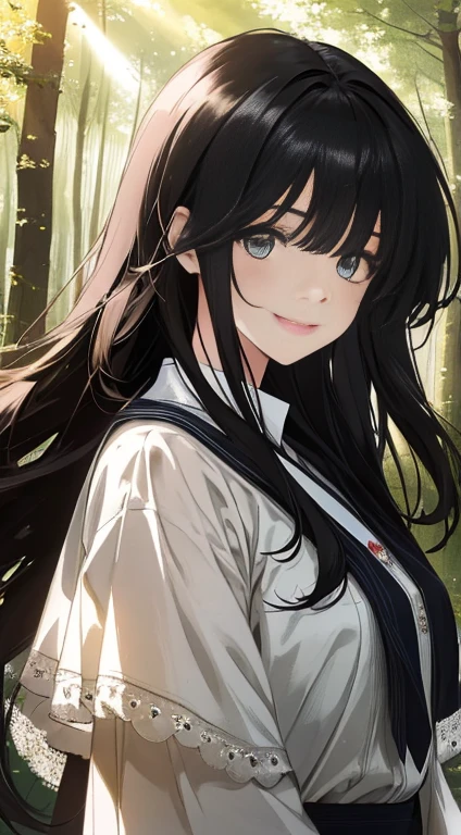 (masterpiece), (best quality), (Super Detail), (Messy hair), (illustration), (1 名girl), (interview), (Background), Beautiful and delicate eyes, Delicate and beautiful face, floating, (High Saturation), (shine), Focus on the face, Black Hair, Bangs, Full of smiles, floating Hair. girl, Girl in love, pixiv illustration, Top quality, Very detailed, Smile, clever, Pretty Face, 4K, nature, Sunlight through the trees,