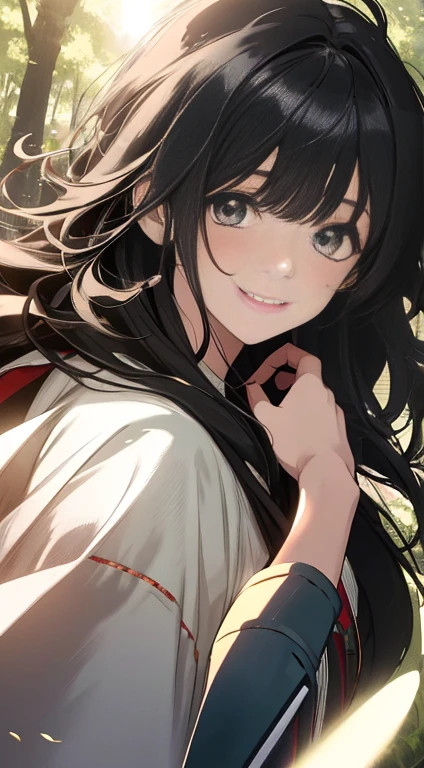(masterpiece), (best quality), (Super Detail), (Messy hair), (illustration), (1 名girl), (interview), (Background), Beautiful and delicate eyes, Delicate and beautiful face, floating, (High Saturation), (shine), Focus on the face, Black Hair, Bangs, Full of smiles, floating Hair. girl, Girl in love, pixiv illustration, Top quality, Very detailed, Smile, clever, Pretty Face, 4K, nature, Sunlight through the trees,