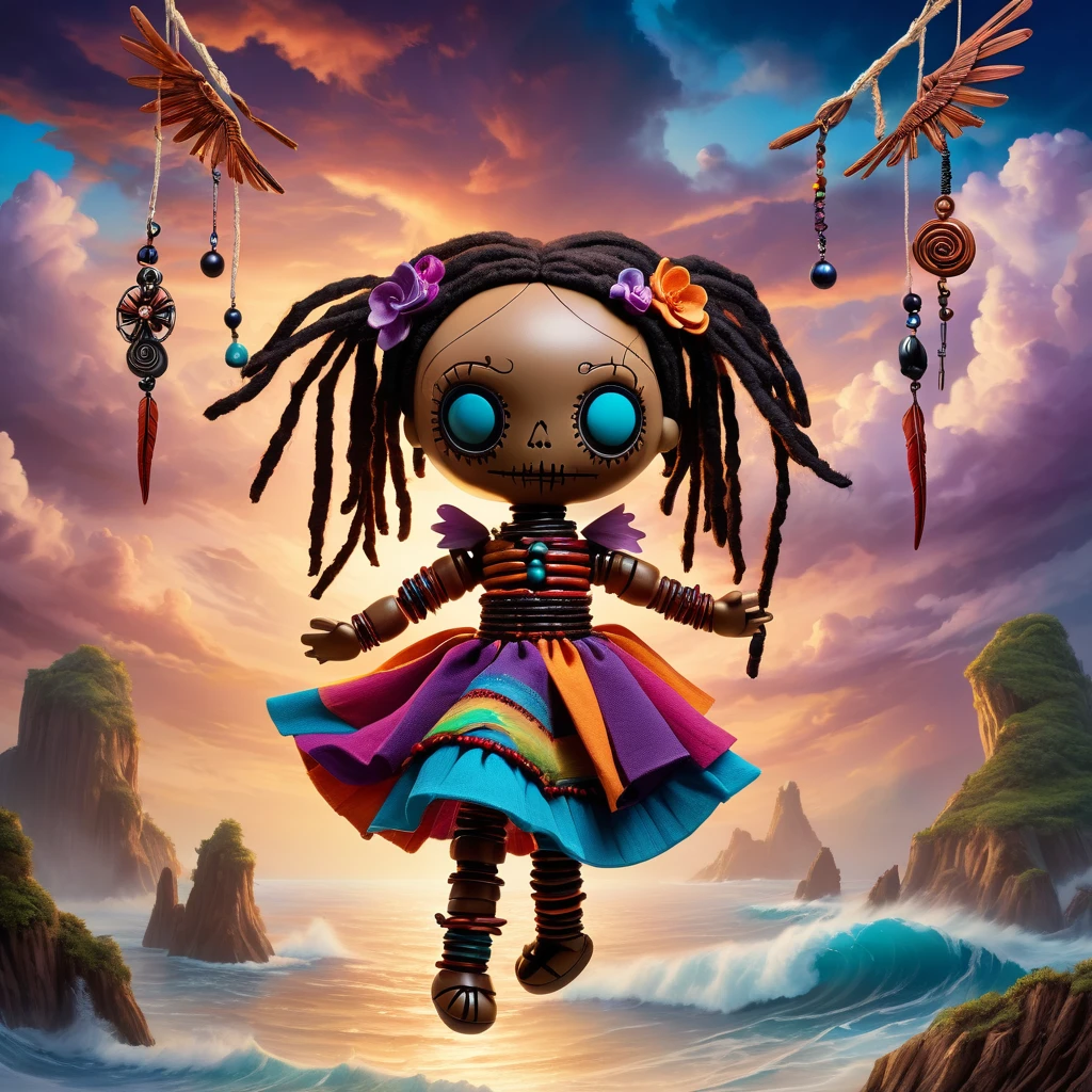 (knitted toy voodoo doll:1.5), (Voodoo Doll on a Floating Mountain:1.3), (Clothing: climber's gear with floating rock patterns:1.0), (Accessories: enchanted grappling hook emitting blue light, floating boulders:1.1), (background: majestic floating mountain with waterfalls, lush greenery, and a sky full of clouds:1.2), best quality, masterpiece, detailed soft oil painting, detailed background, dramatic cinematic lighting, soft edge lighting, professional, dramatic lighting, hard edge lighting, ultra quality, 4k,masterpiece, best quality, 8k, ultra highres, highres, extremely detailed