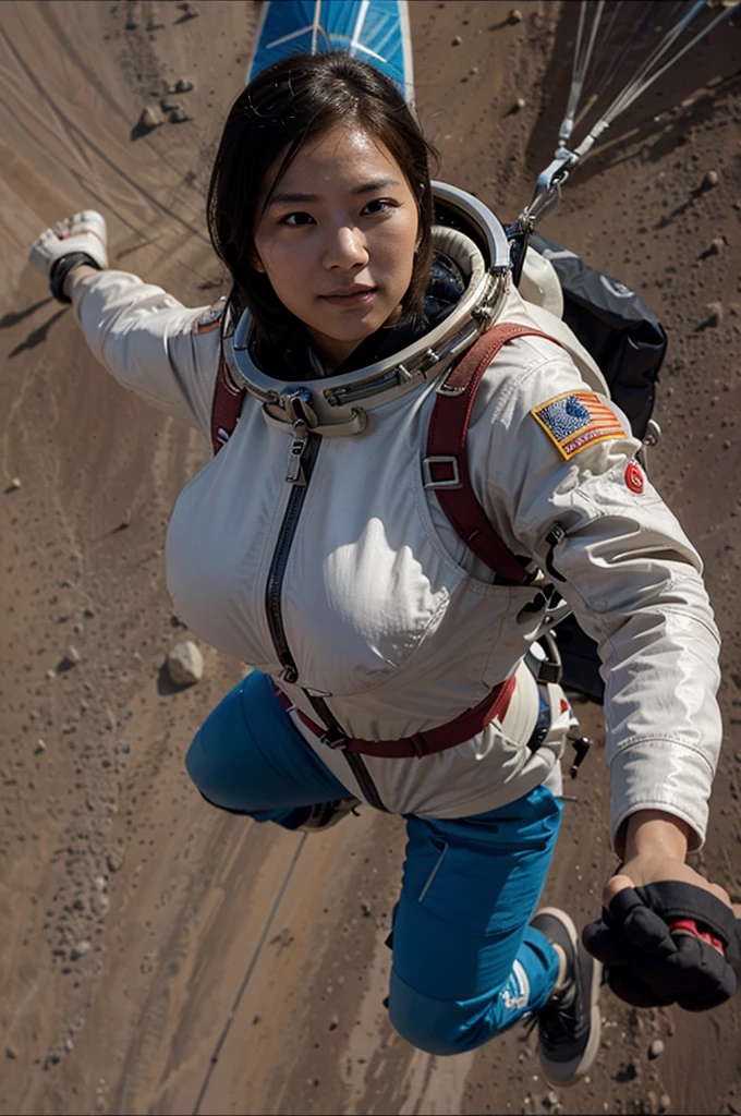Female asian astronaut doing a paragliding on mars