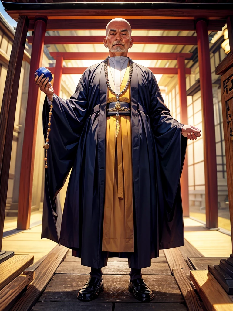 Highest quality,Highest Resolution,An old monk holding a rosary,Temple grounds,Japan,Skinhead,Standing posture,