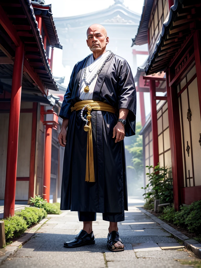 Highest quality,Highest Resolution,An old monk holding a rosary,Temple grounds,Japan,Skinhead,Standing posture,