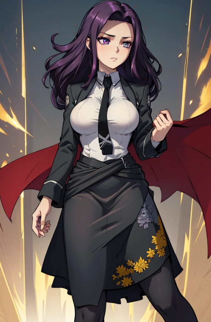 Masterpiece. detailed eyes, waist-length reddish purple hair, Large breasts, black dress, black shirt, magic_high_school_uniform, Charcoal jacket, black necktie, yellow skirt embroidery 