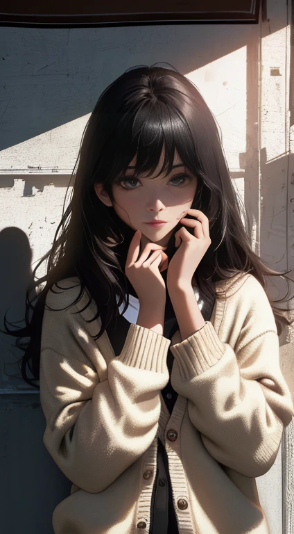 masterpiece, best quality, Ultra-high resolution (Reality: 1.4), original photo, 35mm lens, Aperture F1.4, poster, Light and Shadow, A girl, Wearing a white cardigan, Black long hair, Genuine Leather, (Skin details: 1.3),