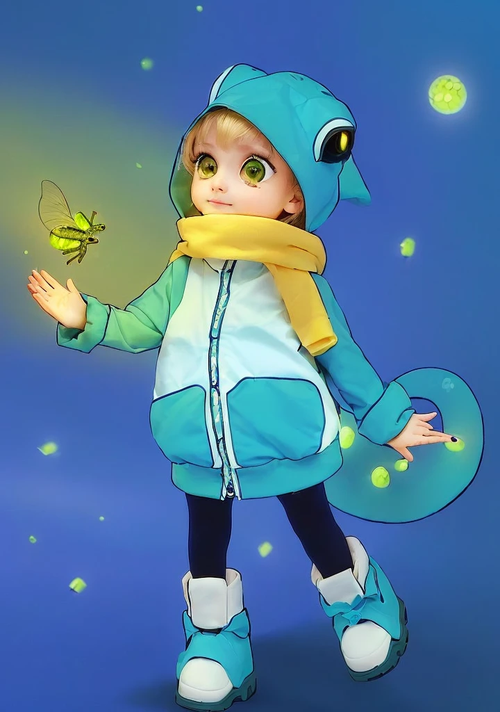 a girl in a blue and white outfit holding a fireflies, gecko, fireflies!!, adorable glowing creature