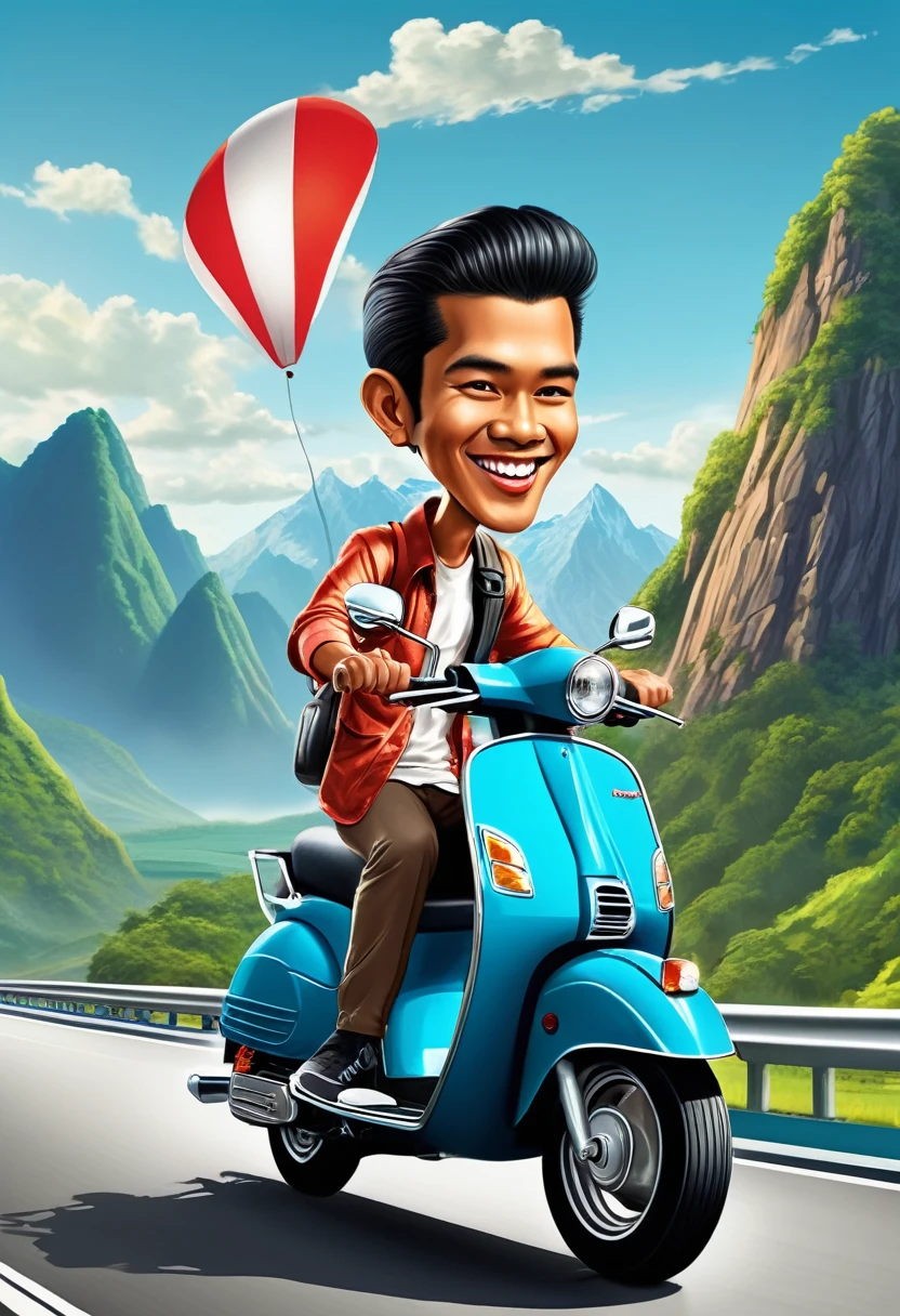 A vibrant 23 year old Indonesian man, riding a scooter on the highway, surrounded by towering mountains in the background. This illustration is rendered in a realistic 3D style, with a large caricature head design, highlighting the subtle textures and intricacies of the scene. The cartoon art style adds a touch of whimsy, while the realism art style ensures that every detail is depicted accurately, from the man's determined expression to the hair on his head blowing in the wind. Photorealistic!!!!!!! The art style illuminates every crevice and curve, bringing the illustrations to life with bright colors and vivid details.