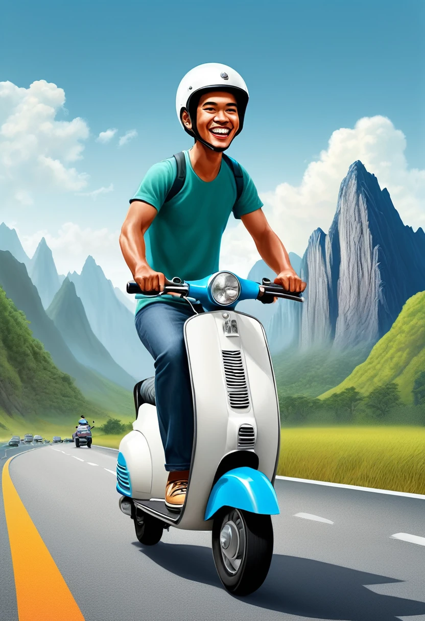 A vibrant 23 year old Indonesian man, riding a scooter on the highway, surrounded by towering mountains in the background. This illustration is rendered in a realistic 3D style, with a large caricature head design, highlighting the subtle textures and intricacies of the scene. The cartoon art style adds a touch of whimsy, while the realism art style ensures that every detail is depicted accurately, from the man's determined expression to the hair on his head blowing in the wind. Photorealistic!!!!!!! The art style illuminates every crevice and curve, bringing the illustrations to life with bright colors and vivid details.