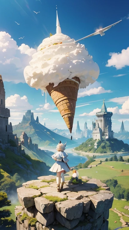Maurice Sendak, Margaret Tempest, Elsa Beskow, Mateusz Urbanowicz, Tōshi Yoshida, Surrealism, wonder, bizarre, fantastical, fantasy, sci-fi fantasy, anime, land of wild ice cream, beautiful girl in a miniskirt going on an adventure on an airship, perfect voluminous body, ice cream cones towering like ancient ruins, fresh cream volcano, forest of popsicles, ice cream mountains, detailed masterpiece Hyper realistic sharp focus embarrassing shy blushing happy zoom in