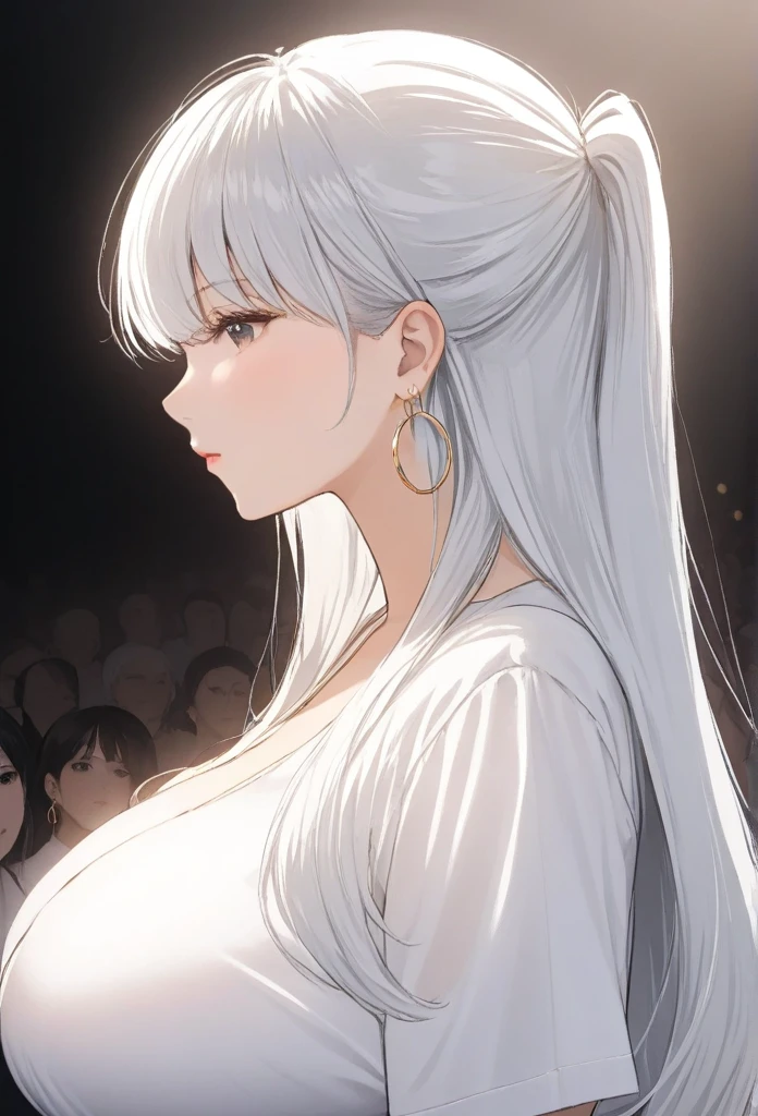 1 Girl, Solitary, Long hair, shirt, Looking at the audience, white shirt, Bangs, Upper Body,big oversized hoops earrings, from the side, jewelry, white hair, big breasts 