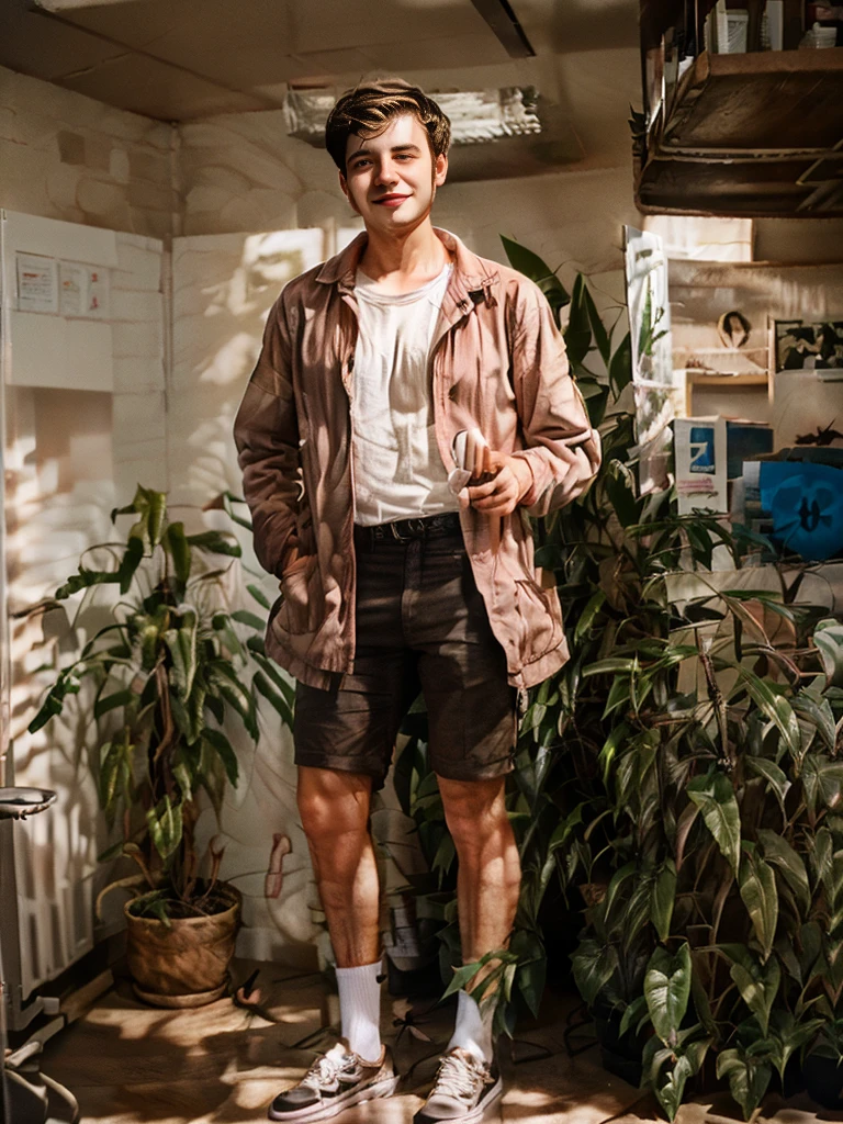 (One Caucasian young man:1.2), short curly hair, full body shoot, (indoors:1.5), (realistic), photorealistic, hyper-realistic, candid pose, slight smile, wearing casual clothes