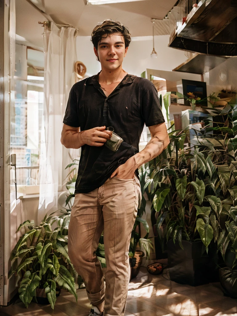 (One Caucasian young man:1.2), short curly hair, full body shoot, (indoors:1.5), (realistic), photorealistic, hyper-realistic, candid pose, slight smile, wearing casual clothes