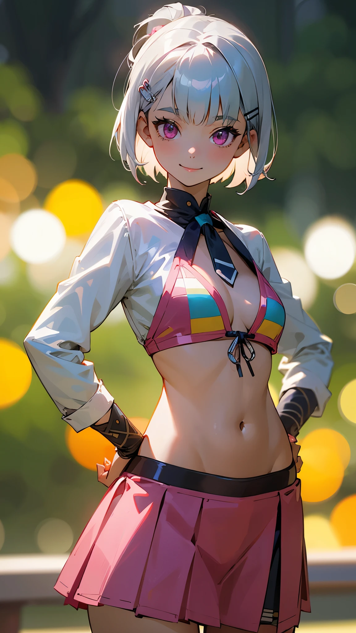 1 Girl、8K、Sharp focus、(Bokeh) (Highest quality) (Detailed skin:1.3) (Intricate details) (anime)、Silver short hair and bob hair、Tie your hair up with a hair clip、Pink Eyes、 years old、(Please put your hands on your hips)、chest、Slim figure、bikini、A pareo skirt with bold ethnic patterns and plenty of primary colors、Realistic Skin、Shiny skin, Sunburned skin、Cowboy Shot、Side body、smile、smile、Park in the background、Soft lighting