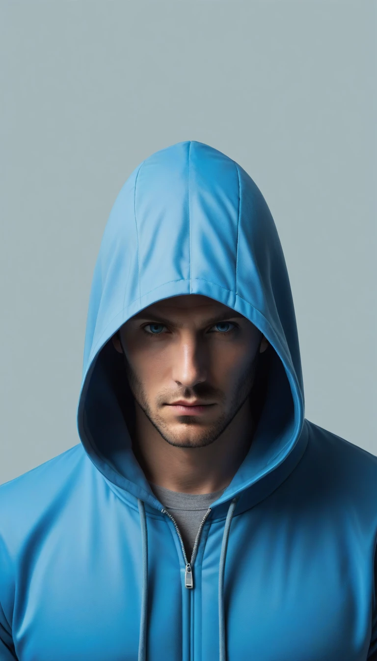 1 male, hood, enigmatic figure with partially hidden face, checkroom, light gray, blue inside, serious expression, eye mask