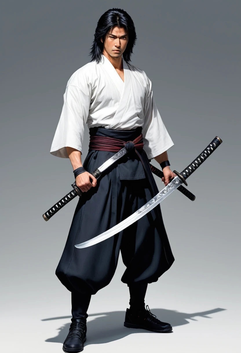 Ultra-fine，1male standing, (One hand holding a katana), (clothes, pants and shoes like a futuristic samurai), mature male, /(long black hair tied up/) bangs, cool expression, (serious look:0.5), fighting, evade, Dodge, actual, dignified, (masterpiece best quality:1.2) delicate illustration ultra-detailed, medium chest BREAK (holding (katana sword:1.2)), (blade shimmering), (holding sword sheath) BREAK, background full white
