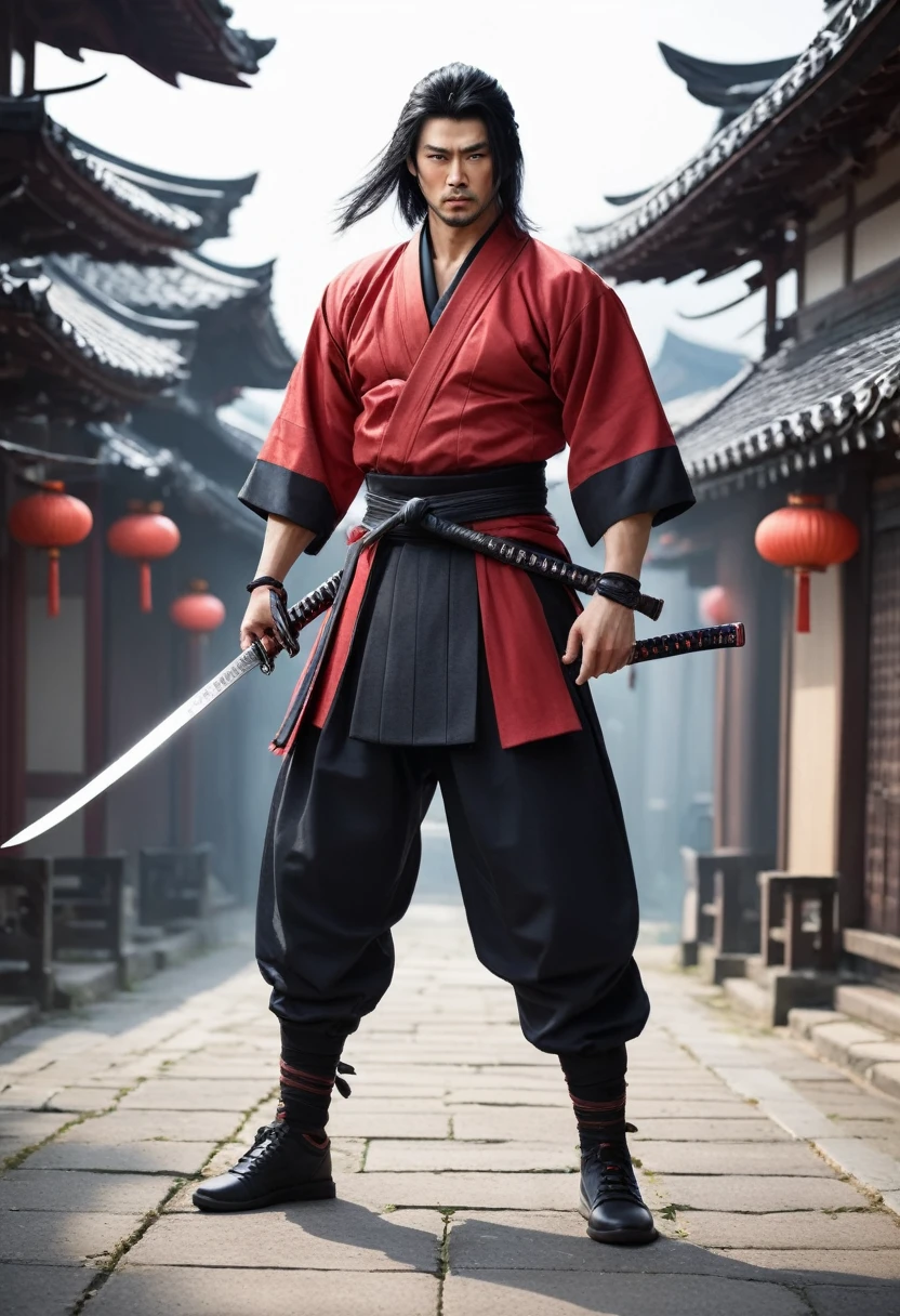 Ultra-fine,1male standing, (One hand holding a katana), (clothes, pants and shoes like a futuristic samurai), mature male, /(long black hair tied up/) bangs, cool expression, (serious look:0.5), fighting, evade, Dodge, actual, dignified, (masterpiece best quality:1.2) delicate illustration ultra-detailed, medium chest BREAK (holding (katana sword:1.2)), (blade shimmering), (holding sword sheath) BREAK, background full white