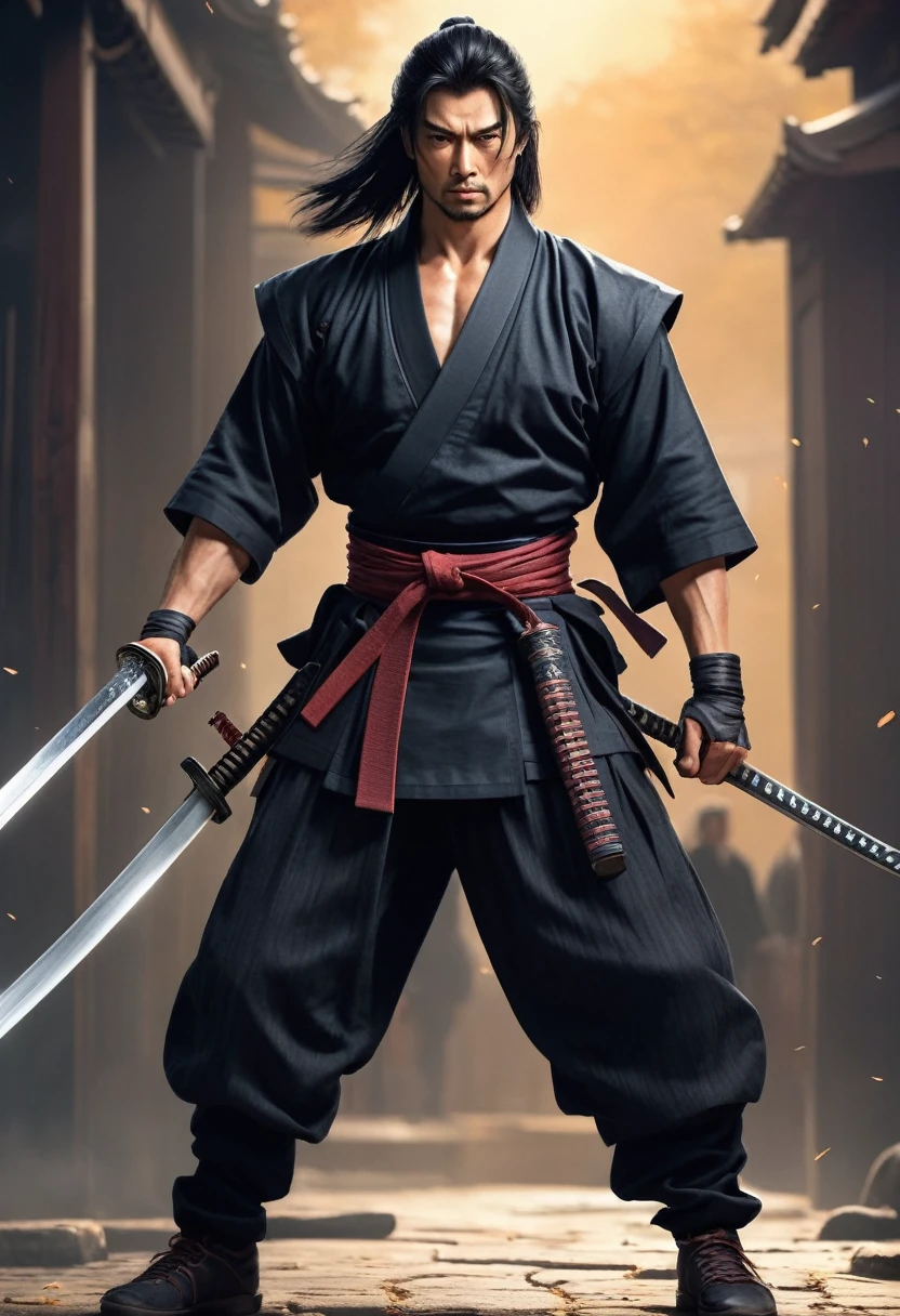 Ultra-fine,1male standing, (One hand holding a katana), (clothes, pants and shoes like a futuristic samurai), mature male, /(long black hair tied up/) bangs, cool expression, (serious look:0.5), fighting, evade, Dodge, actual, dignified, (masterpiece best quality:1.2) delicate illustration ultra-detailed, medium chest BREAK (holding (katana sword:1.2)), (blade shimmering), (holding sword sheath) BREAK, background full white