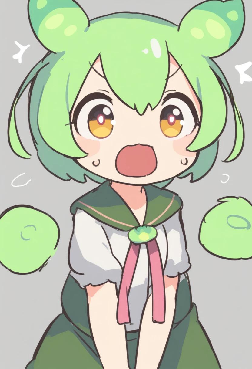 One girl,Zundamon,Voice Box ,Green Hair,、Wide open mouth、Surprised、Jaw detached、cute、Funny Face,Simple white background、No text