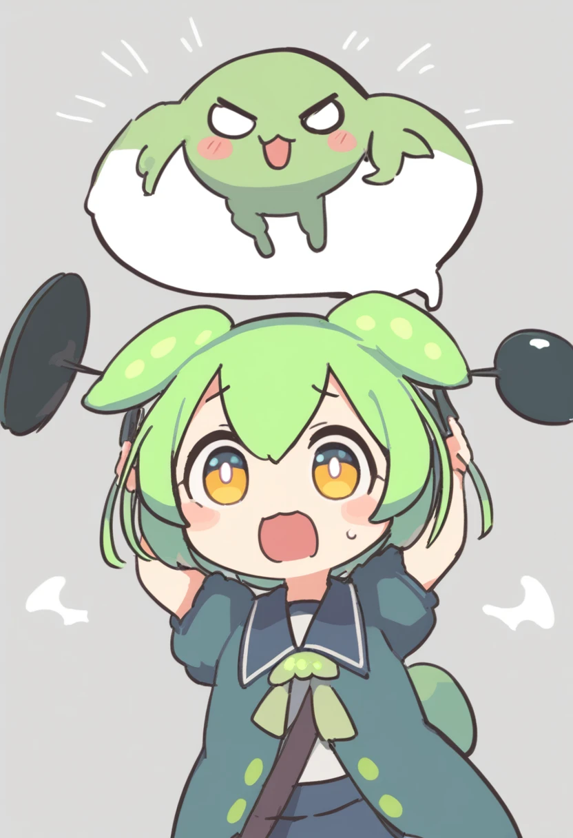 One girl,Zundamon,Voice Box ,Green Hair,、Wide open mouth、Surprised、Jaw detached、cute、Funny Face,Simple white background、No text