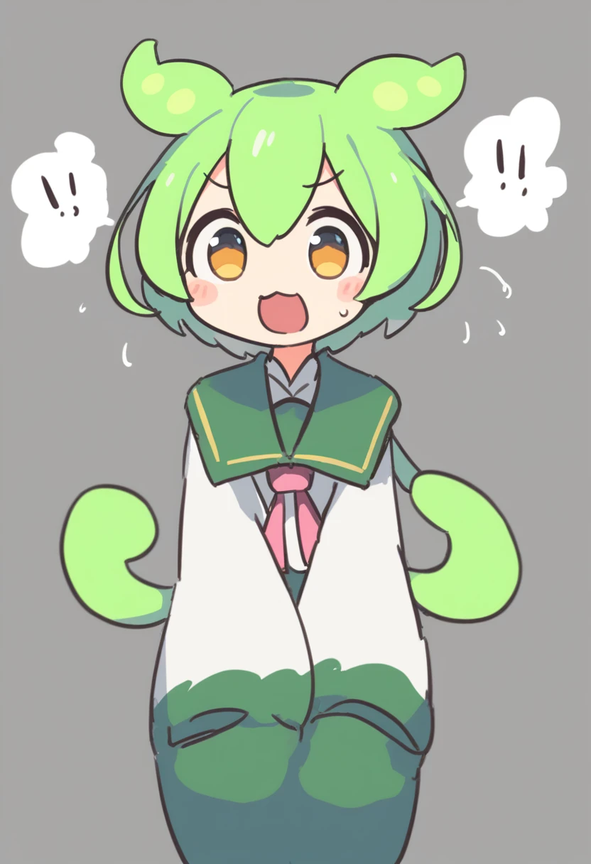 One girl,Zundamon,Voice Box ,Green Hair,、Wide open mouth、Surprised、Jaw detached、cute、Funny Face,Simple white background、No text