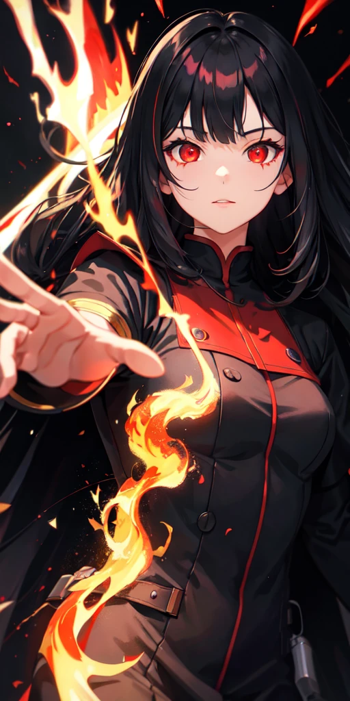 A young man with long black hair clenched a fist in one hand、A red aura emanates from the whole body.、Glaring at me with hostile eyes and shouting loudly, my outfit is punk rock