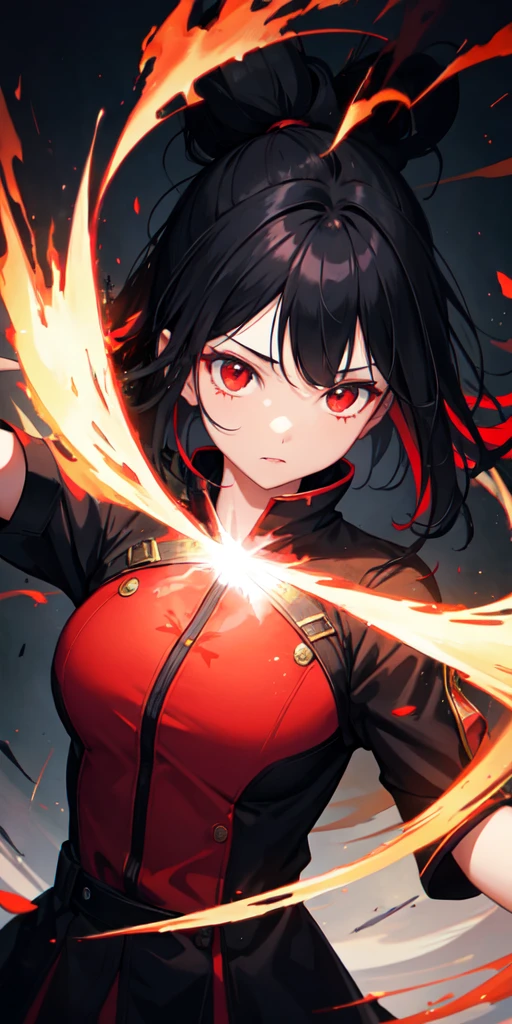 1girl, black hair, red eyes, fire witch, blood, light particles, light rays, wallpaper, high contrast, colorful,