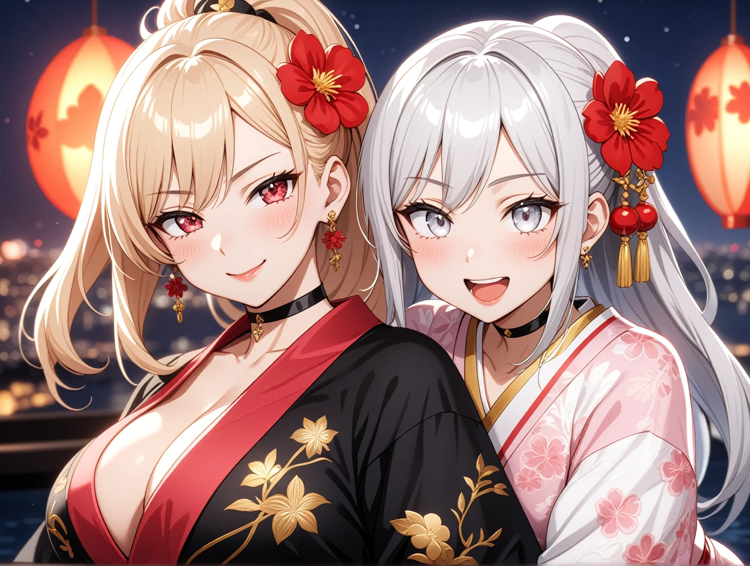 ((Two Women)), Beautiful Face, (Laughing embarrassedly), ((laugh)), ((Wink:1.8)),  ((hug from behind)), Laugh with your mouth wide open,((Bright red cheeks:1.4)),Shiny red lips, night,横浜のnight景,You can see the ocean, firework,Glossy pink lips,Facial lighting,((Anime style background)),masterpiece, Highest quality, so beautiful,up to date, Complex details, (4fingers and 1thumbs), (Pink long nails), (ring),(bracelet),(choker),AI-generated, Complex,High resolution, Highest quality, super high quality,3D Images、3D Images,One person,Long white hair in a high ponytail,Long blonde hair in a high ponytail,(blue eyes),Anime woman posing for a photo, ((Fine grain、Silvery white eyes、Shining Eyes:1.4)), (Squint your eyes:1.1),a hyperRealistic , hyperRealistic , Realistic,Anime woman with long white hair, Smooth anime CG art, A woman in a colorful kimono with gold embroidery, (Black long sleeve kimono),(Pink long sleeve kimono), Red floral pattern,Long flower hair ornament,Earrings, Body,(Big BrTall,Abdominal muscles,Narrow waist,(Zoom in on face), 